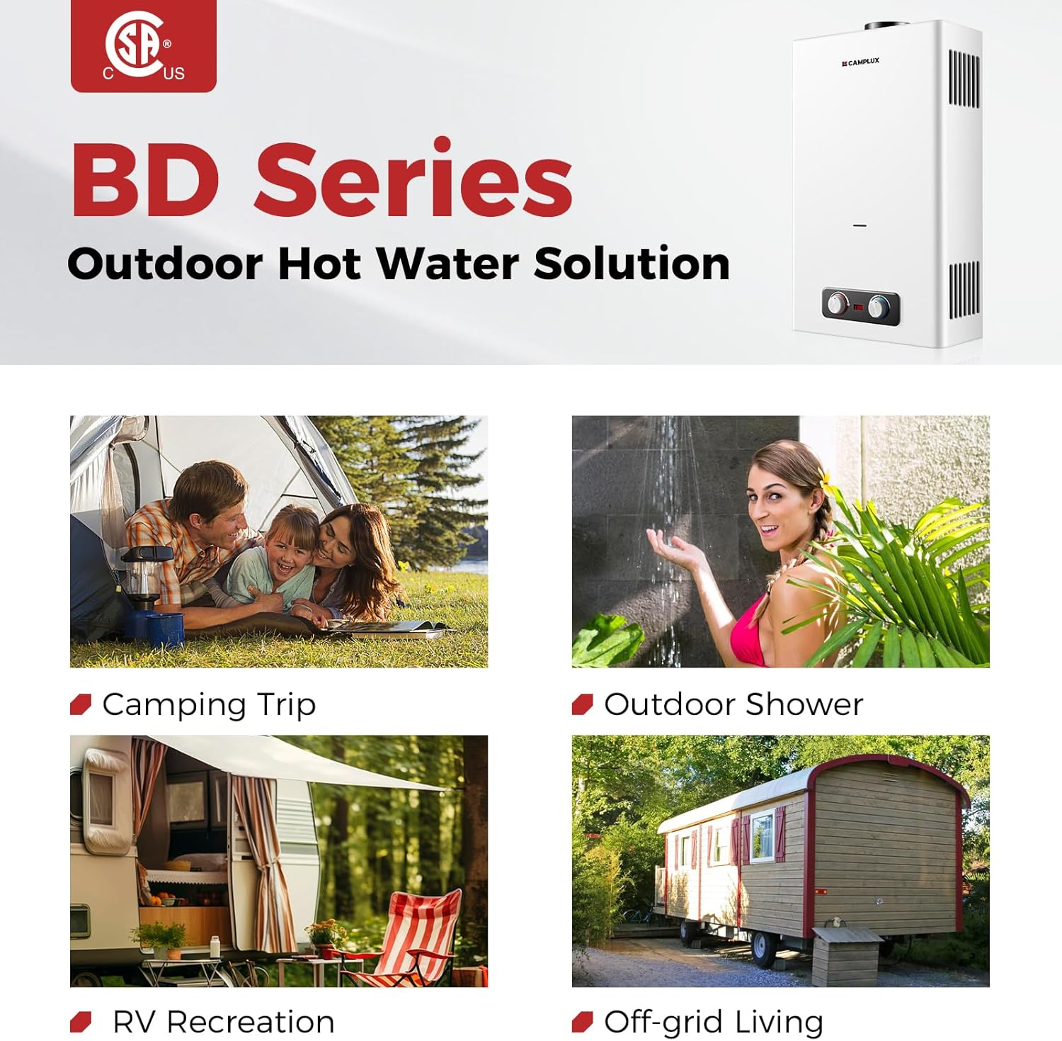 CAMPLUX Tankless Water Heater Outdoor, 4.22 GPM Propane Water Heater with 3.3 GPM Water Pump Kit & Pipe Strainer, for Off Grid, Cabins, 110,000 BTU, BD422P120