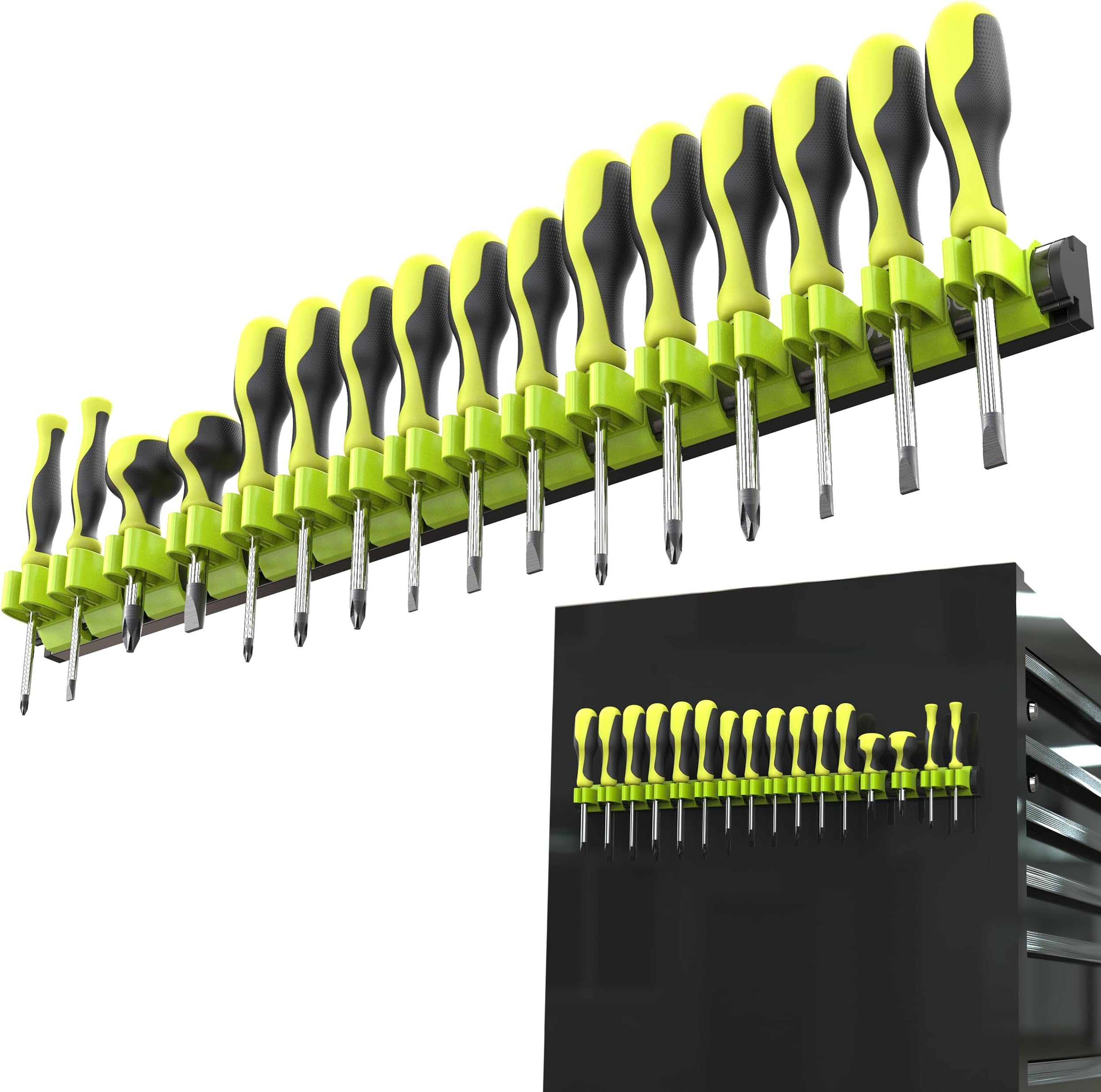 Olsa Tools Magnetic Screwdriver Organizer - Holder with Strong Magnets and Foam Backing - Professional Tool Organizer - Stores up to 16 Screwdrivers - Black and Green - Part 1139