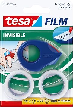 tesa Mini Dispenser - 2 Invisible Tape Rolls - 10m x 19mm - Red/Blue