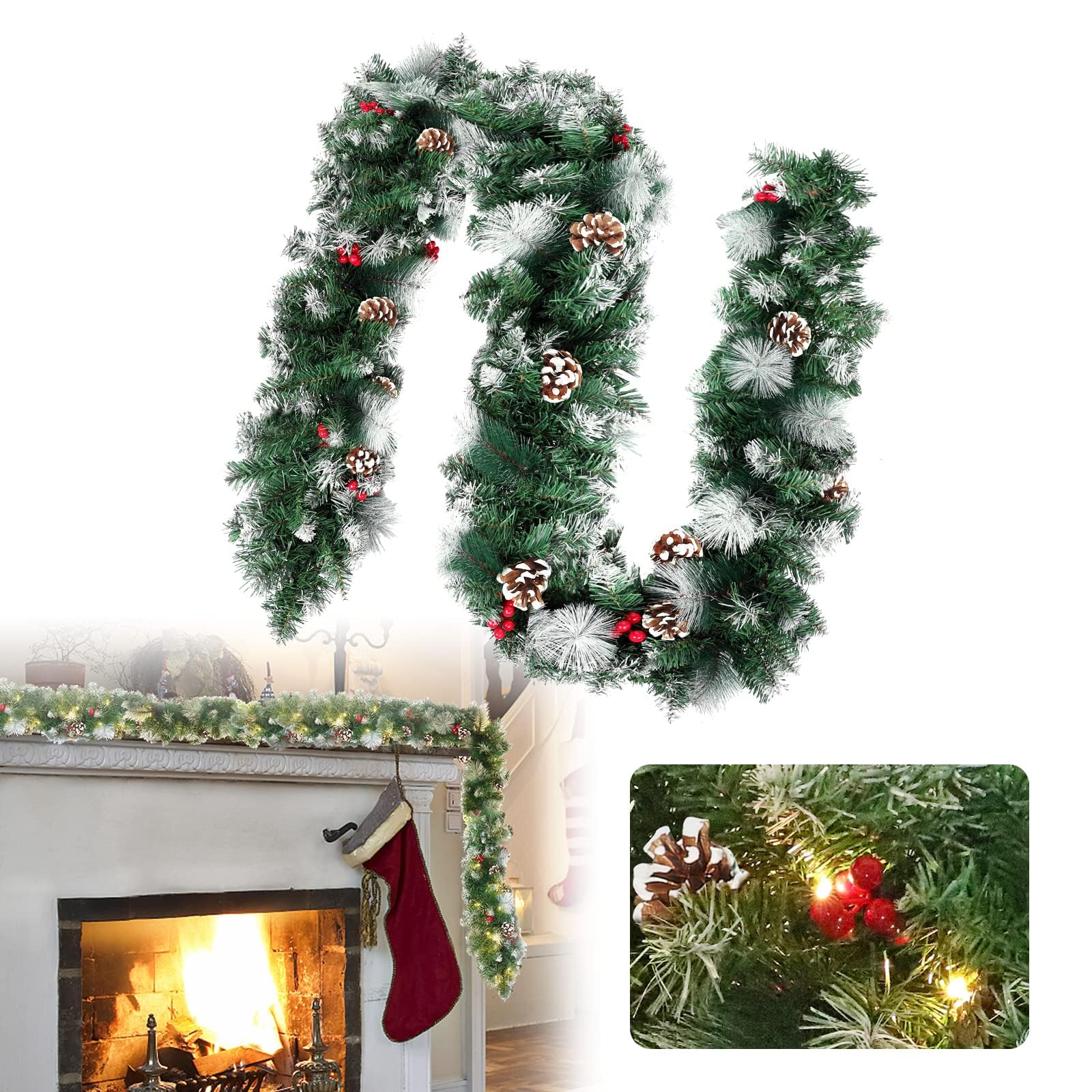 LZQ Tannengirlande 8m, Girlande Weihnachten, Weihnachtsgirlande mit Lichterkette, Weihnachtsdeko Girlanden mit Roten Beeren und Tannenzapfen, für Innen und Außendekoration von Türen, Wänden,Treppen