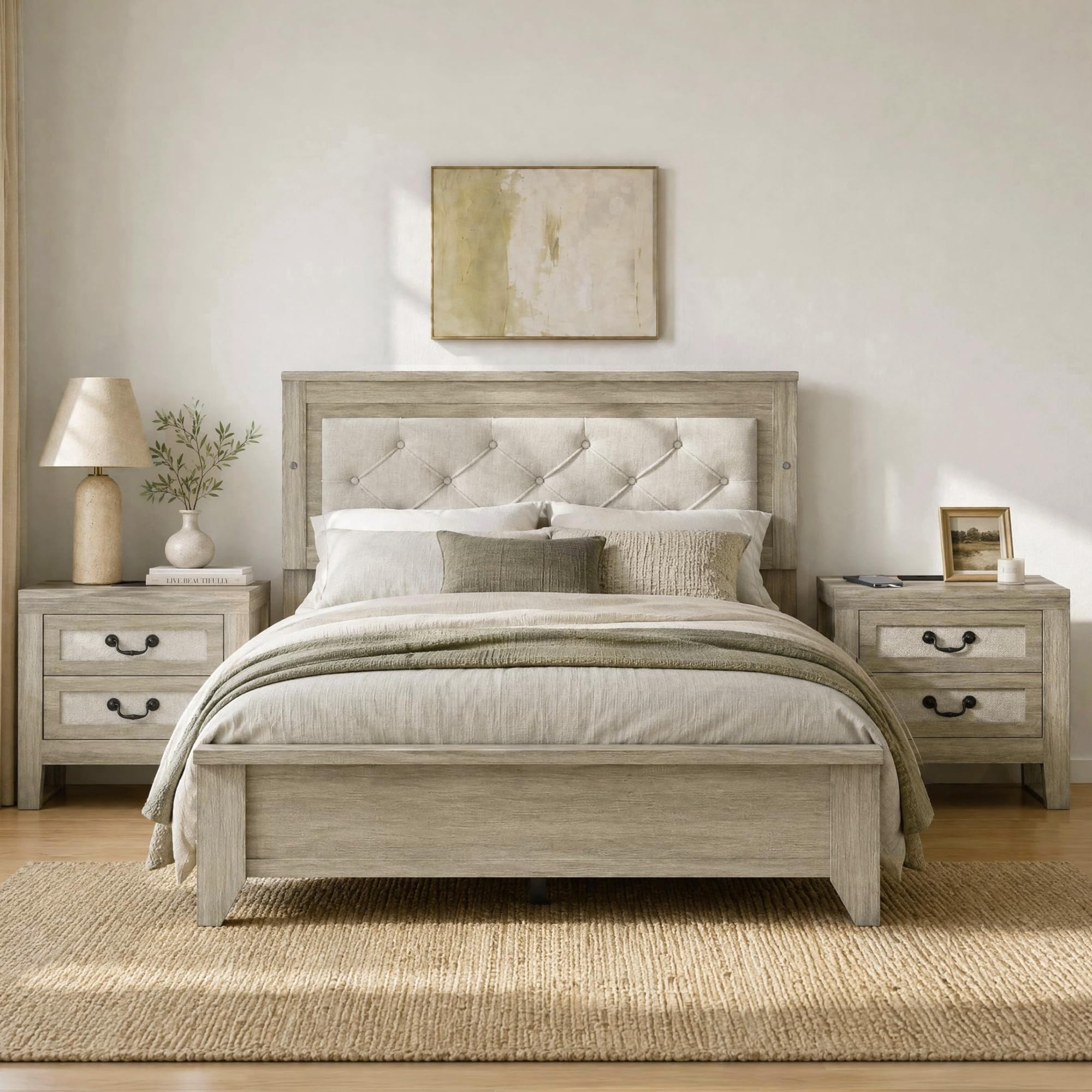View 1 of **set 1 of 2 only**KISLOT Queen LED Upholstered Bed Frame, Cream