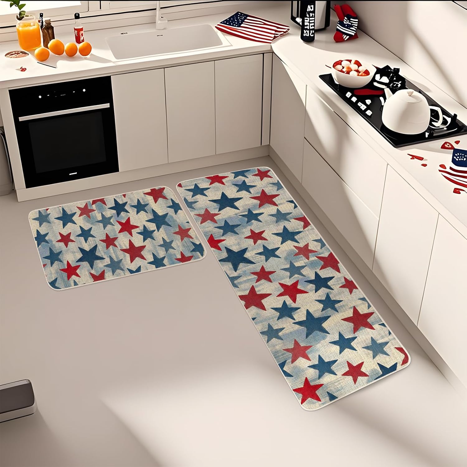 Moutina Watercolor Blue Red Star 4th of July Kitchen Rugs Set of 2, Independence Day Memorial Day Patriotic Decor Low-Profile Kitchen Mats for Floor - 17x29 and 17x47 Inch