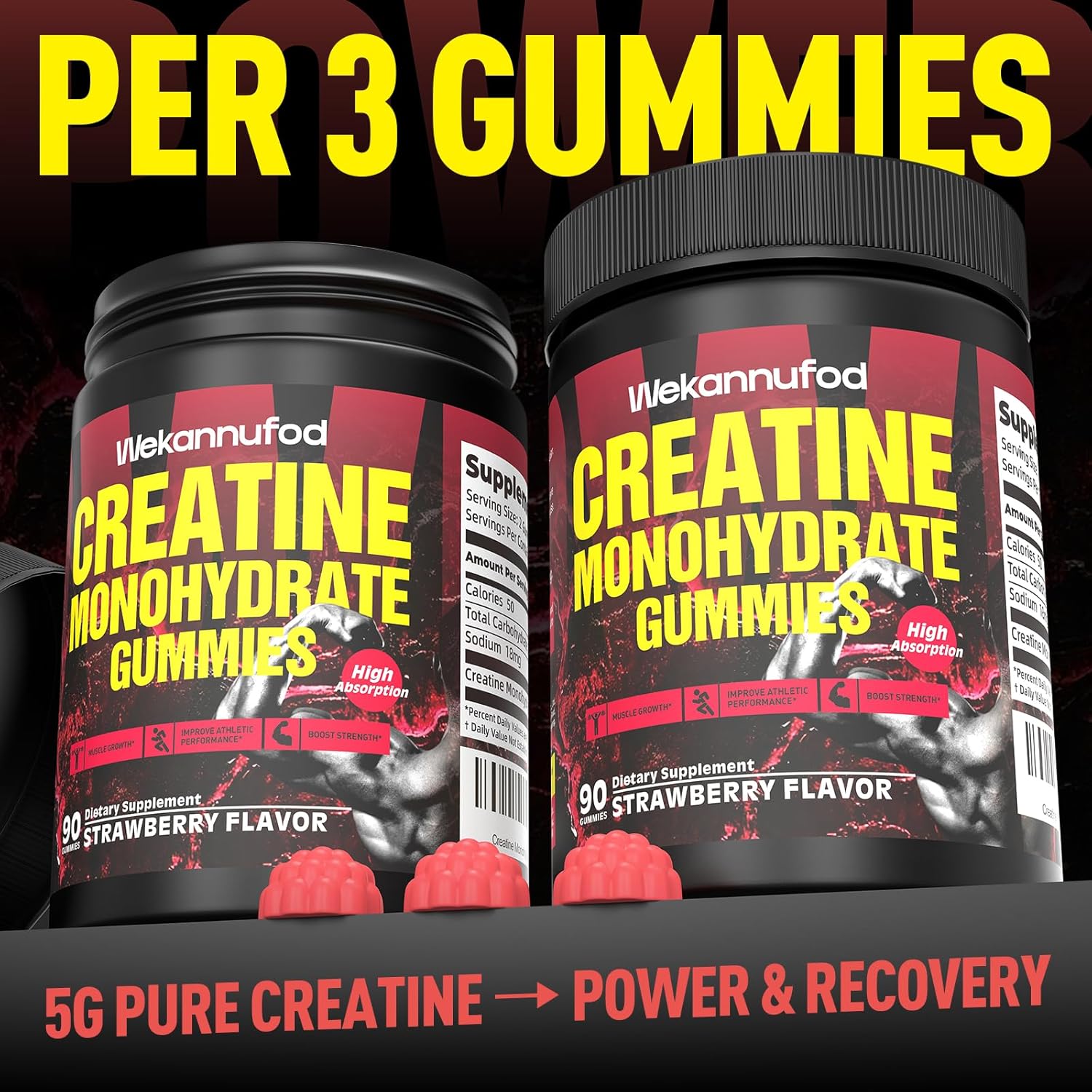 Wekannufod Creatine Monohydrate Gummies for Men & Women,5000MG Creatine Gummy Sugar Free. Boost Focus,Strength, and Endurance, Anti-Melting Formula, Vegan, Gluten-Free, Non-GMO,(Strawberry 90 ct)