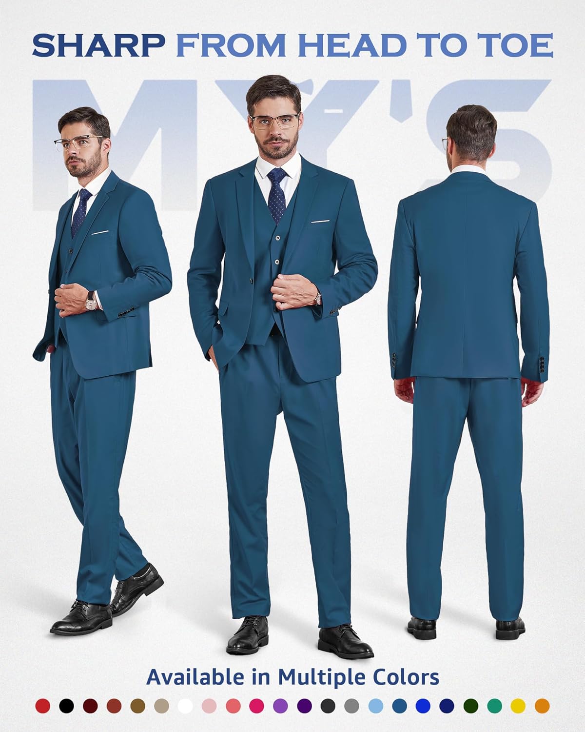 MY'S Men's 3 Piece Slim Fit Suit Set, One Button Solid Jacket Vest Pants... - Picture 104 of 138