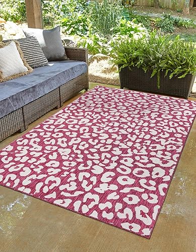 Unique Loom Outdoor Safari Collection Alfombra de área - Leopardo (4' 1" x 6' 1" Rectángulo, MagentaMarfil)