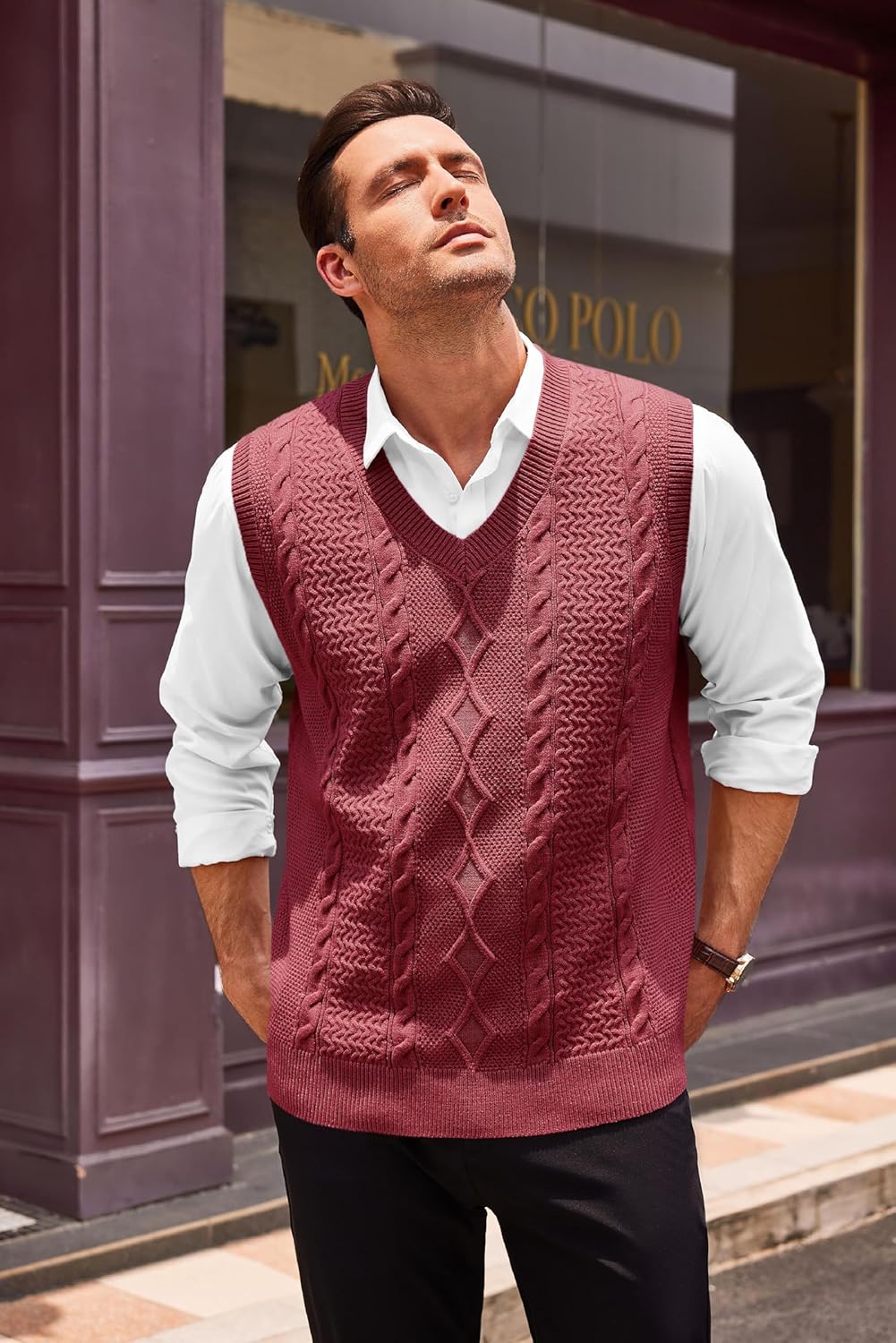 Runcati Mens V Neck Sweater Vest Casual Cable Knitted Pullover Knitwear Slim Fit Sleeveless Sweaters - Image 3