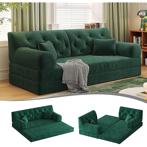79" Convertible Sofa Bed with Pillows, Corduroy Folding Sleeper Sofa with Fixed-Shape Frame, Boneless Couch for Living Room Bedroom, Floor Sofa Lounge No Assembly Required (Grenn)