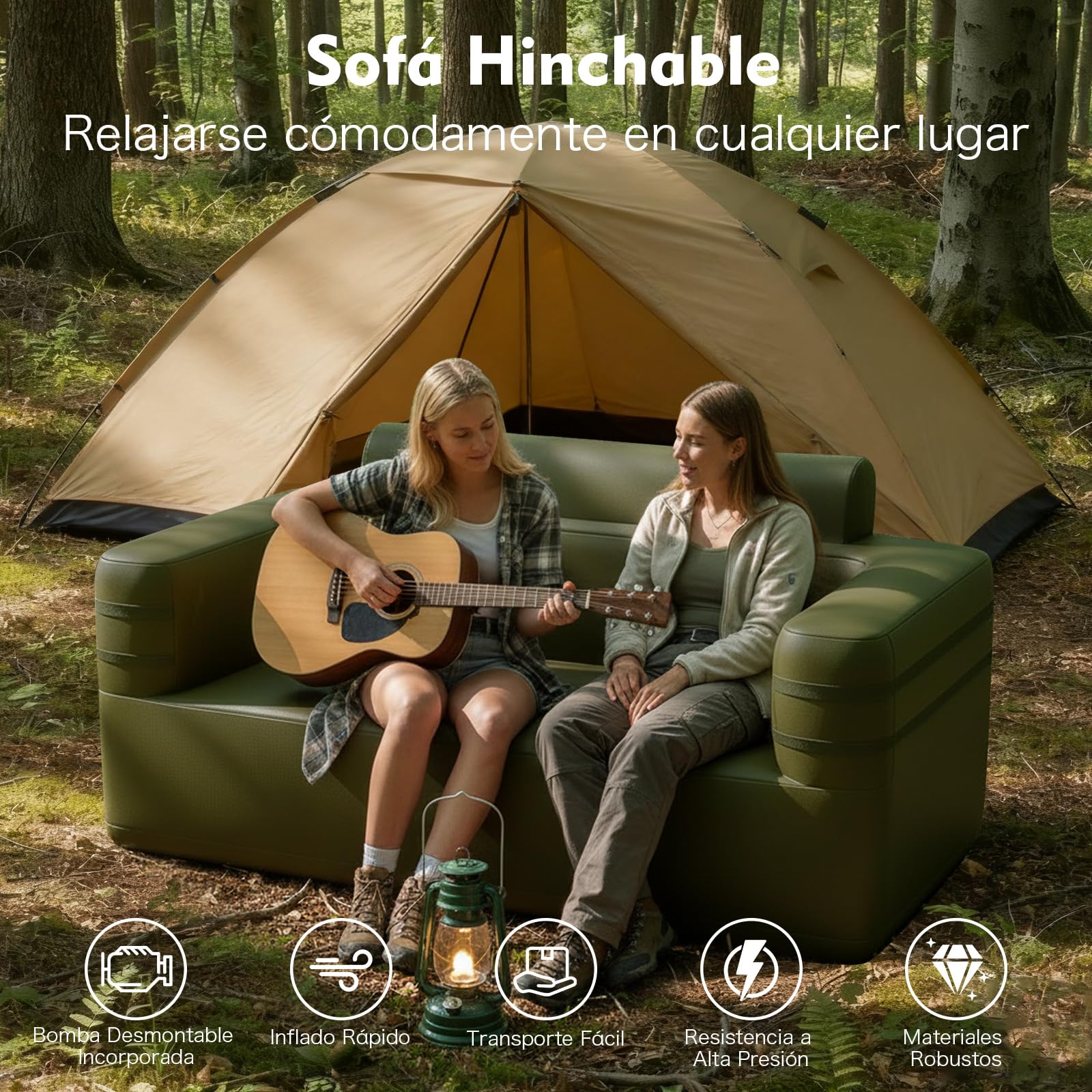 COSTWAY Sofá Inflable para Exteriores, Sillón de Aire Hinchable Multifuncional con Bomba Incorporada y Bolsa de Transporte, Banco de 2 Plazas Hinchable Portátil, para Camping Patio Trasero, Verde