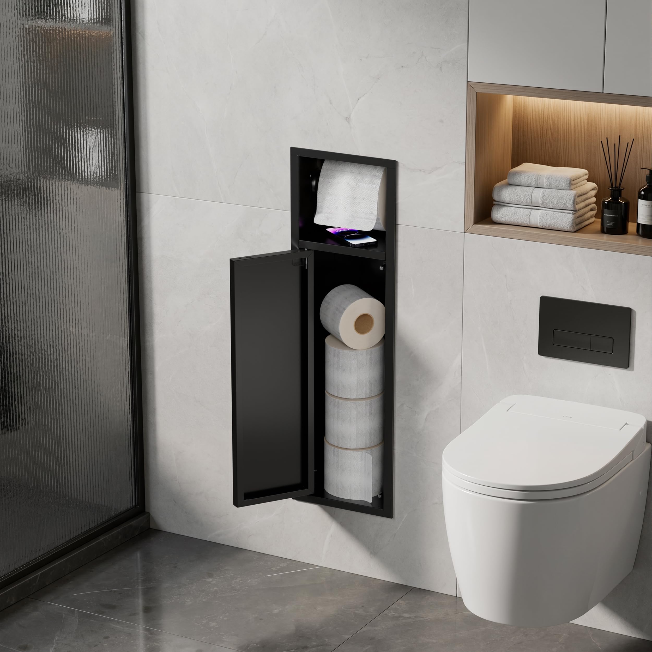 MSFE Portarrollos de Papel Higiénico Empotrado,Módulo de Armario Empotrado para Baño de Acero Inoxidable para Guardar Papel Higiénico y Escobilla de Baño en el Baño,Apertura a Presión,63x17.8x15CM