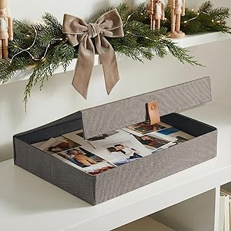ZICOTO Decorative Photo Storage Box with Lid - A Beautiful Linen Organizer Perfect to Safely Store Your Pictures, Documents, Scrapbooking Supplies, Keepsakes and Other Memories in Style