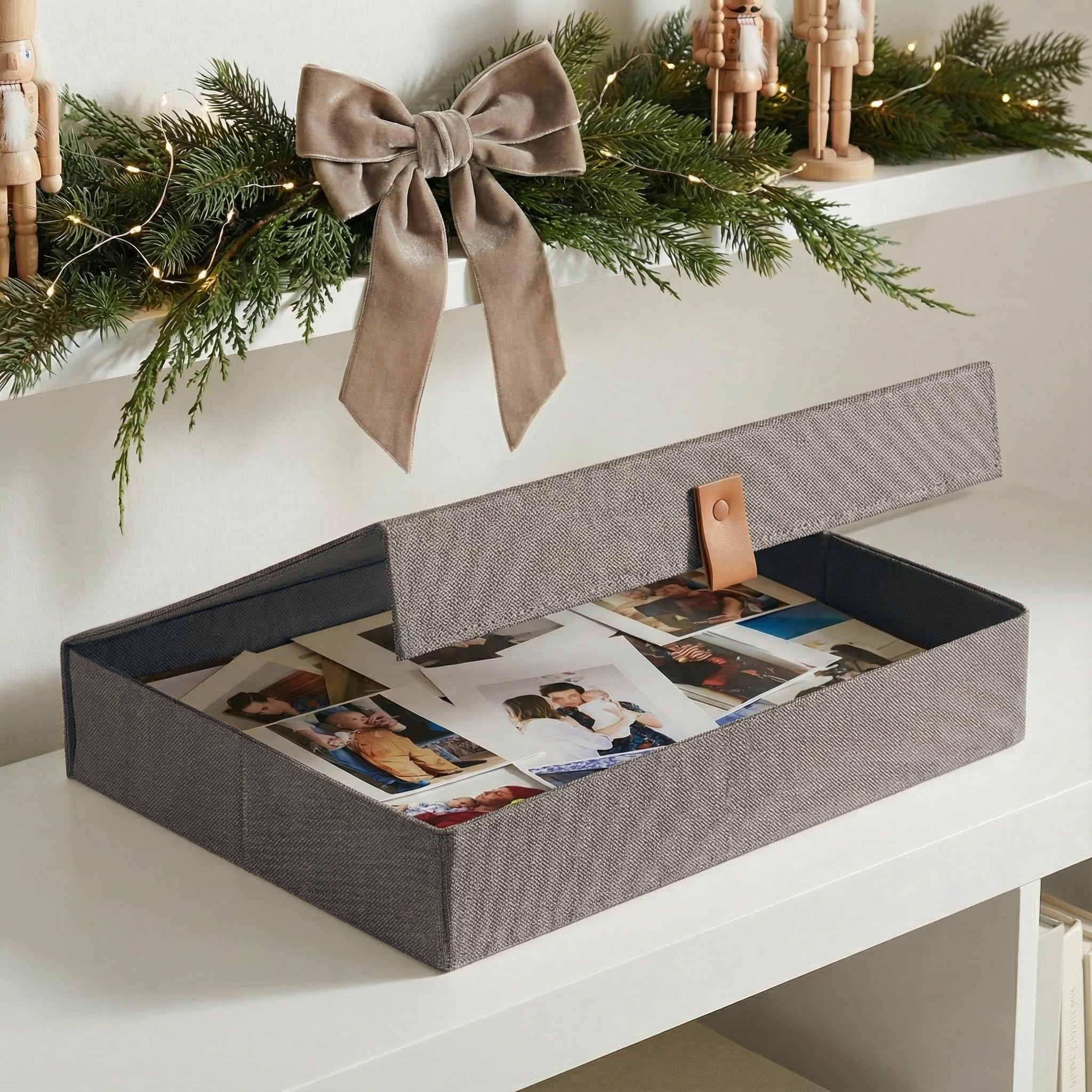 ZICOTO Decorative Photo Storage Box with Lid - A Beautiful Linen Organizer Perfect to Safely Store Your Pictures, Documents, Scrapbooking Supplies, Keepsakes and Other Memories in Style