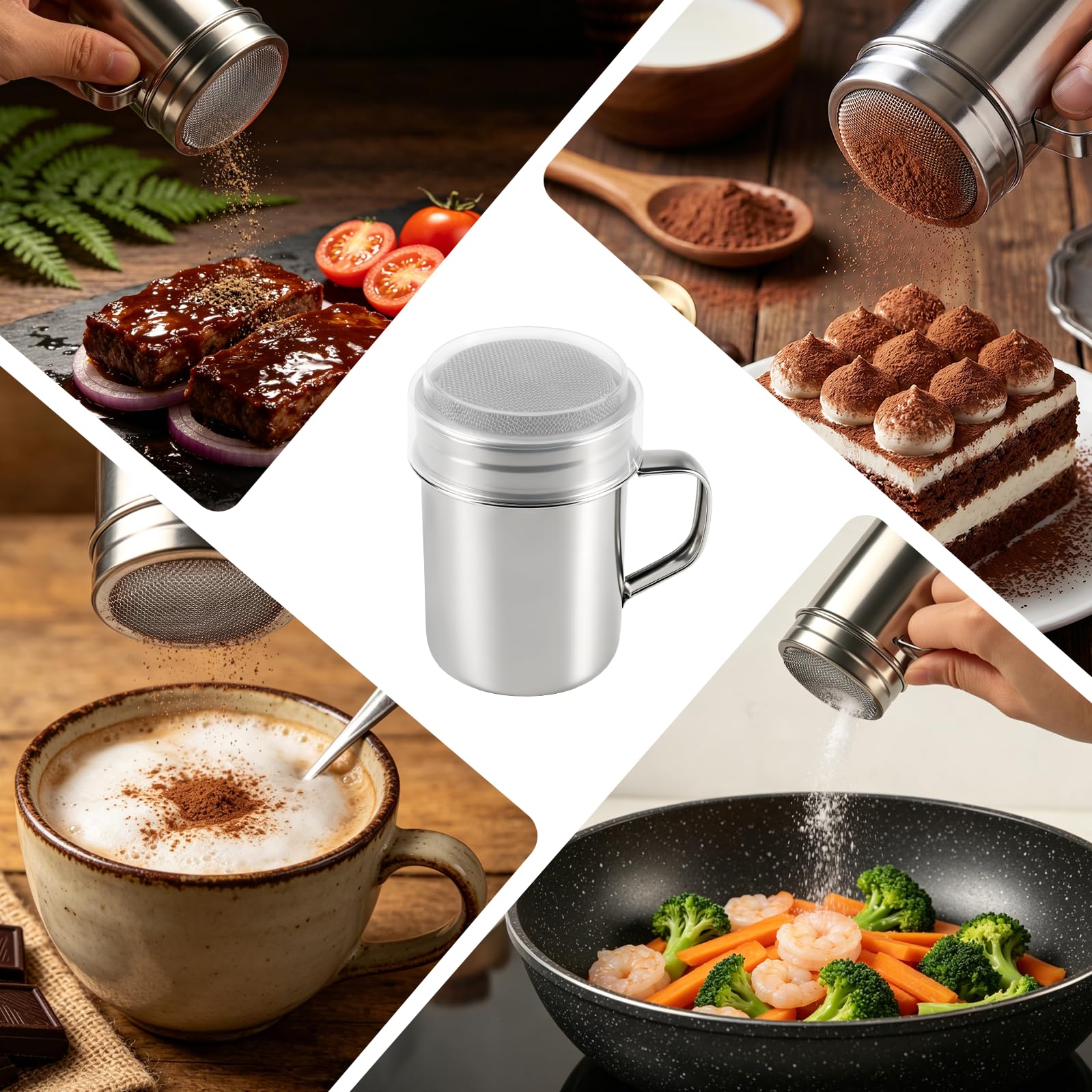 2 Stück Puderzuckerstreuer 304 Edelstahl, Mehlstreuer mit Griff & Deckel, Kakaostreuer für Cappuccino, Staubzuckerstreuer Zimtstreuer, Puderzuckermühle zum Drehen, Mehlsieb Puderzuckersieb Feinmaschig