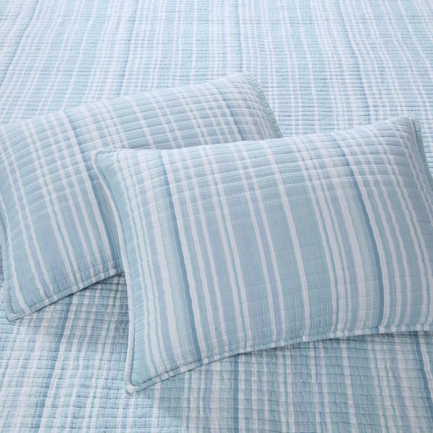 Levtex Home Boracay Quilt Set – Full/Queen Quilt (88x92in) and 2 Standard Shams (20x26in) – Textured Striped Design – Aqua and White – Cotton Muslin – Lightweight