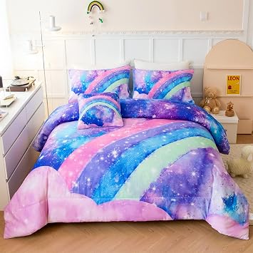 ANGIYUIN Tie Dye Blue Twin Size Comforter Sets Rainbow Girls Bed in A Bag | 6 Pieces Galaxy Bedding Sets for Kids Girls Teens Gradient Blue Bed Sets for All Season