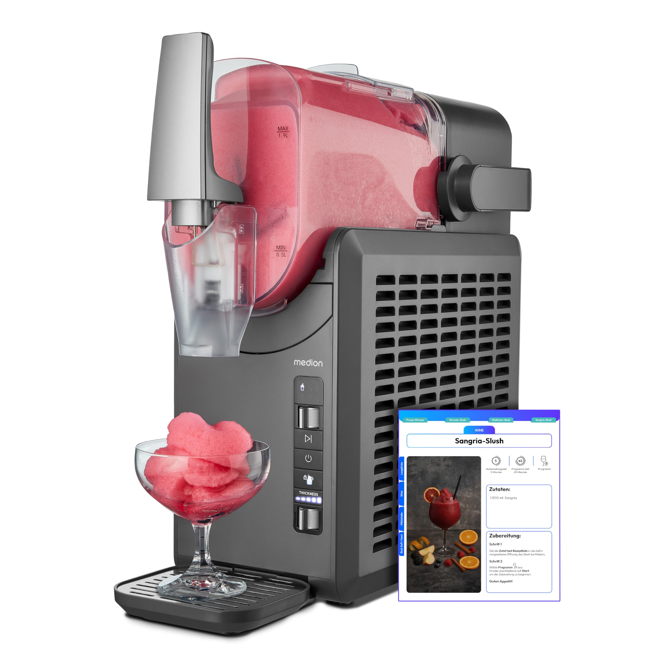 MEDION Macchina per granite (capacità 2,6 L, contenitore 1,9 L, slush maker per bevande, 5 modalità, tempo di preparazione 30–60 min, compressore), MD12090, argento