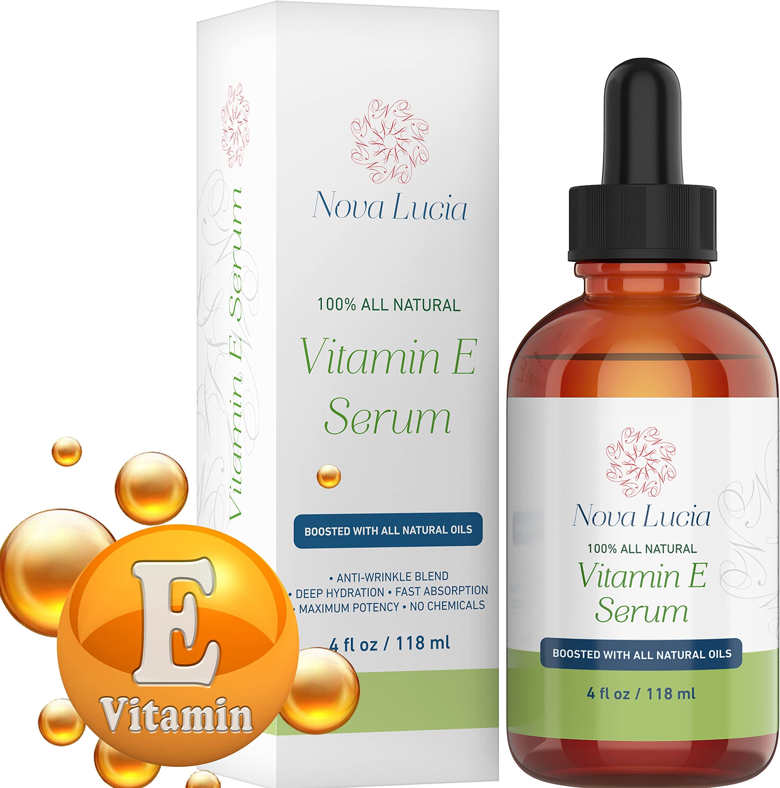 Nova Lucia Organic Vitamin E Oil – Pure Vitamin E for Skin, Face & Hair | Scar & Stretch Mark Treatment, Natural Moisturizer for Soft, Smooth, Hydrated Skin – 4 oz