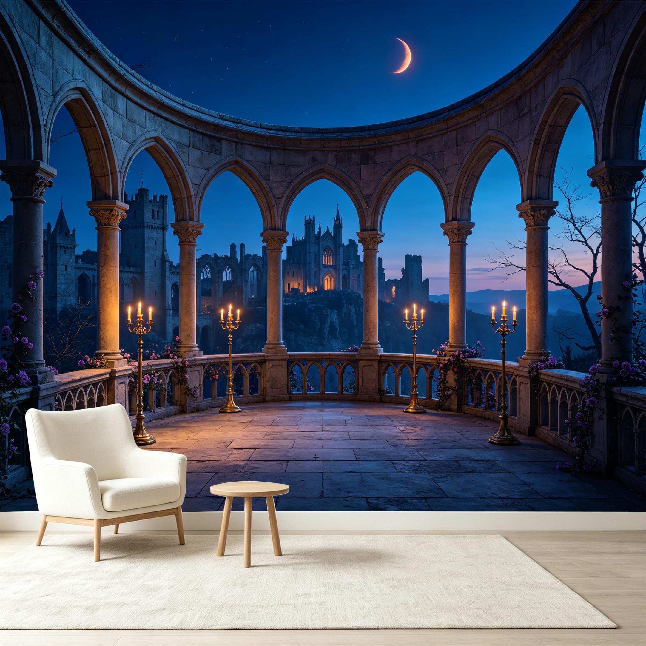 Custom Size Wall Murals Gothic Castle Archway Night Scenery Candelabra 3D Trompe L'Oeil Self-Adhesive Wall Fabric Removable Wallpaper Wall Decor for Living Room Bedroom Bathroom