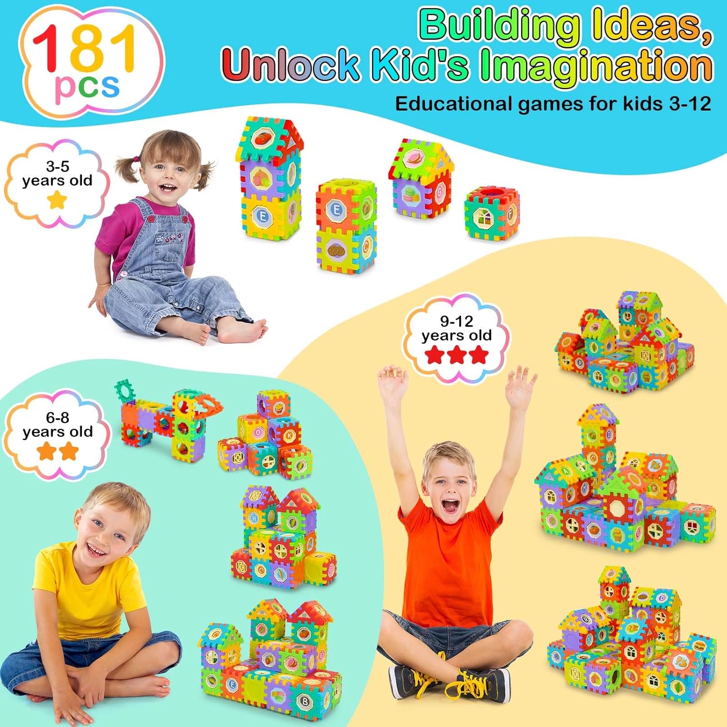 181PCS STEM Building Toys For Kids Ages 3-5 4-8 Waffle Blocks Toy Set Stem Toy 3 4 5 6 7+ Year Old Child Brain Development Kit Boy Toys Stem Kit Toddler Stacking Building Blocks Birthday Gift Boy Girl