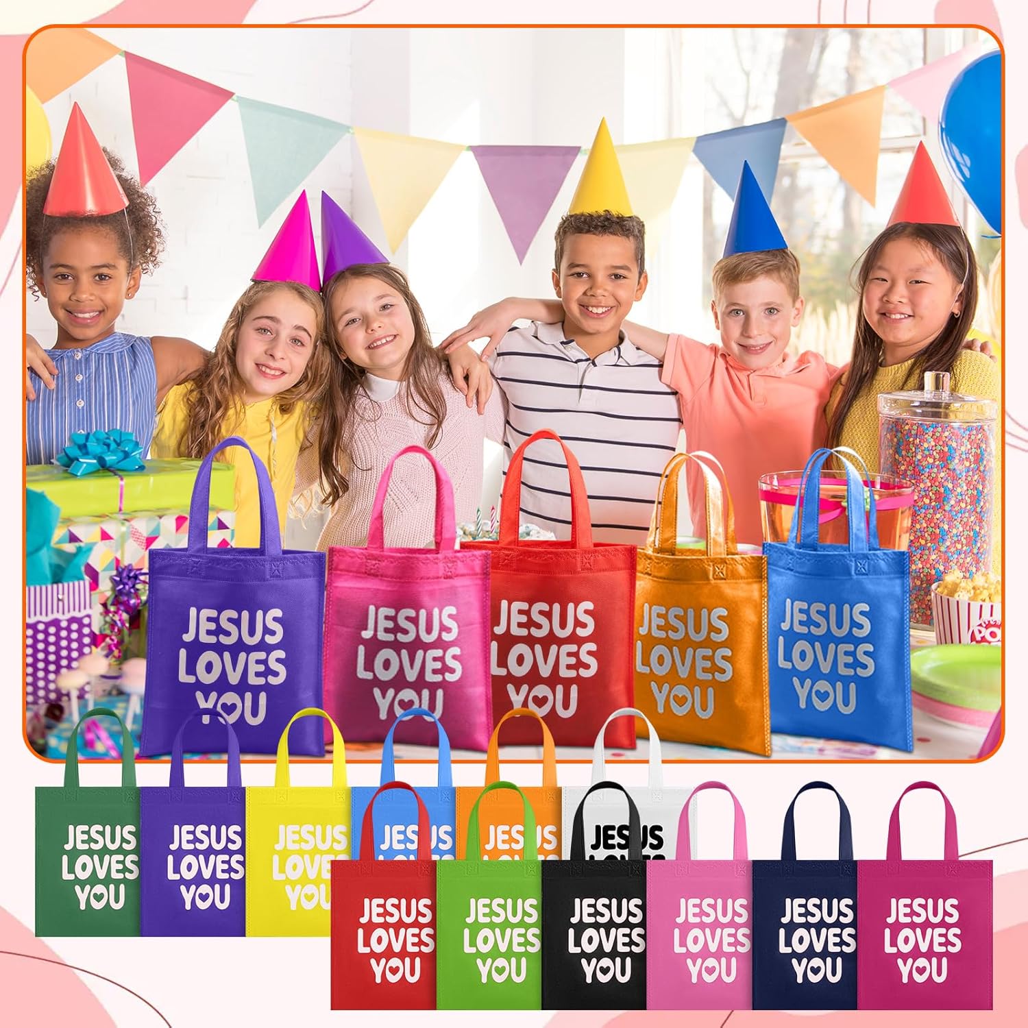 Amylove 24 Pcs Jesus Loves You Gift Bags Bulk Reusable Christian Religious Gift Bag with Handles Non Woven 9.84 x 11.81 Inch Candy Treat Tote for Easter VBS Church Sunday School Jesus Birthday - Image 5