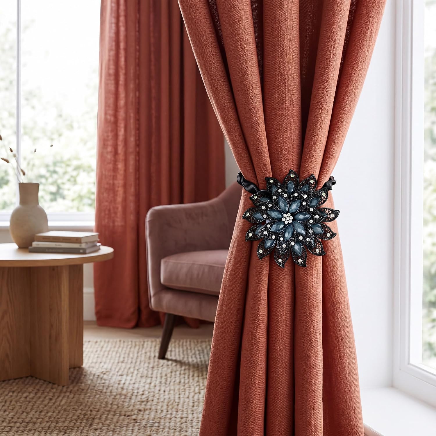 2 Pack Black Flower Curtain Tiebacks Window Holdback Buckles