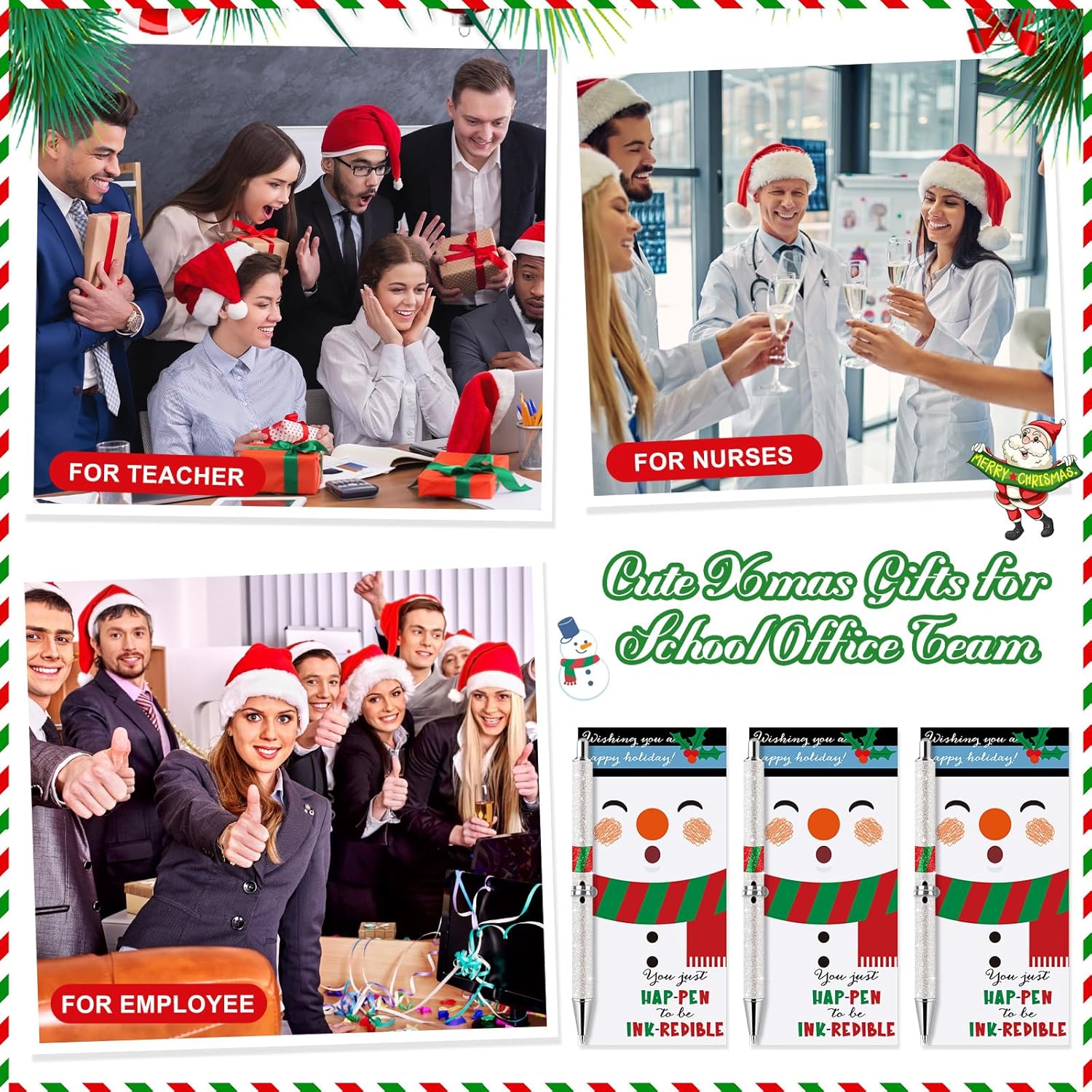 Sayglossy 50 Sets Bulk Glitter Christmas Pens Gifts Coworker Employee Appreciation Santa Claus Snowman Elf Pens with Inspirational Cards Xmas Stocking Stuffer for Office Staff Team Teacher (Snowman)