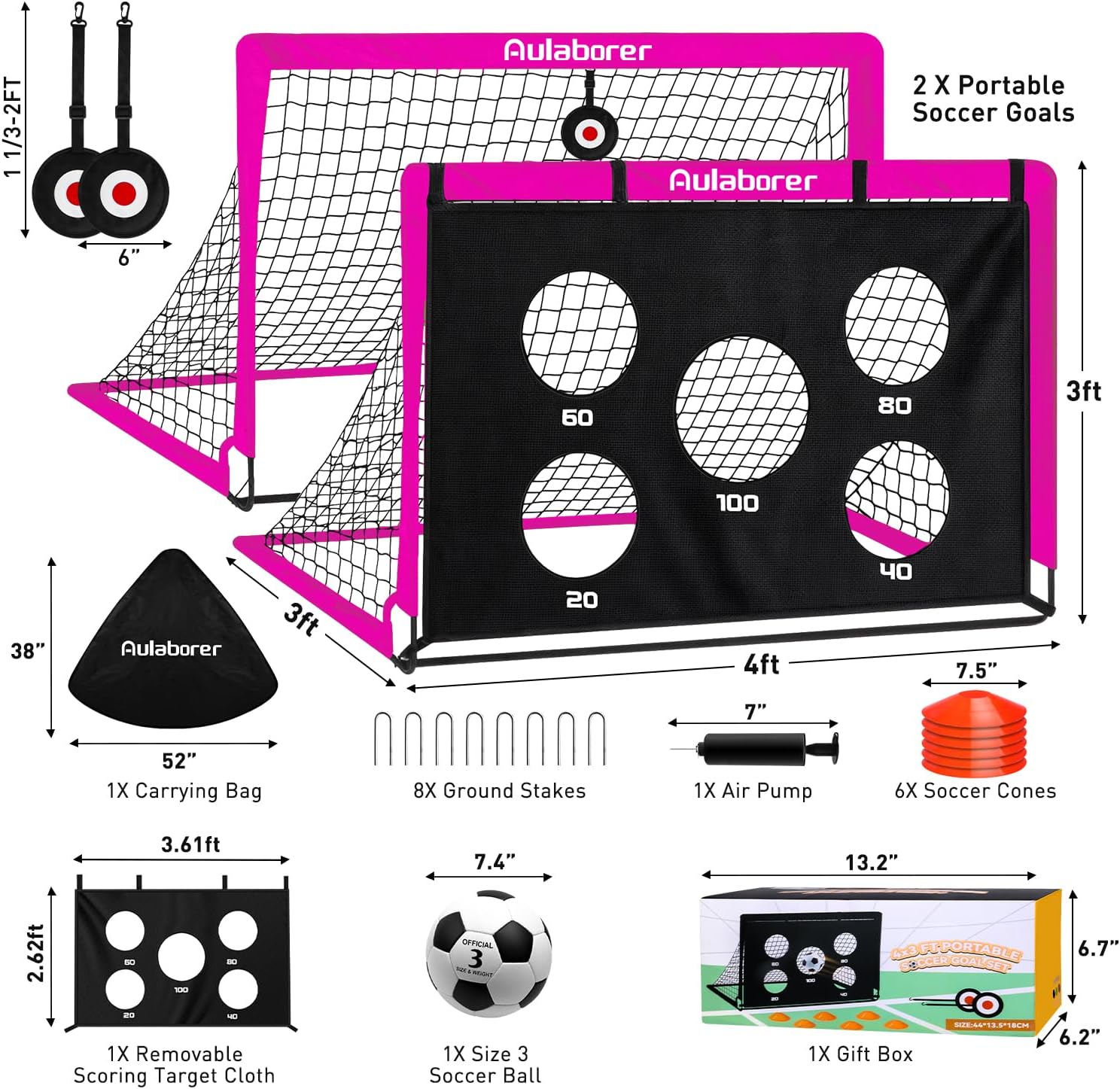 Soccer Goal, 2 Pack of 4x3ft Kids Soccer Goals Set for Backyard, Portable Pop-Up Soccer Net Training Equipment with Ball, Pump, Cones, Targets & Carry Bag for Outdoor Sports & Games