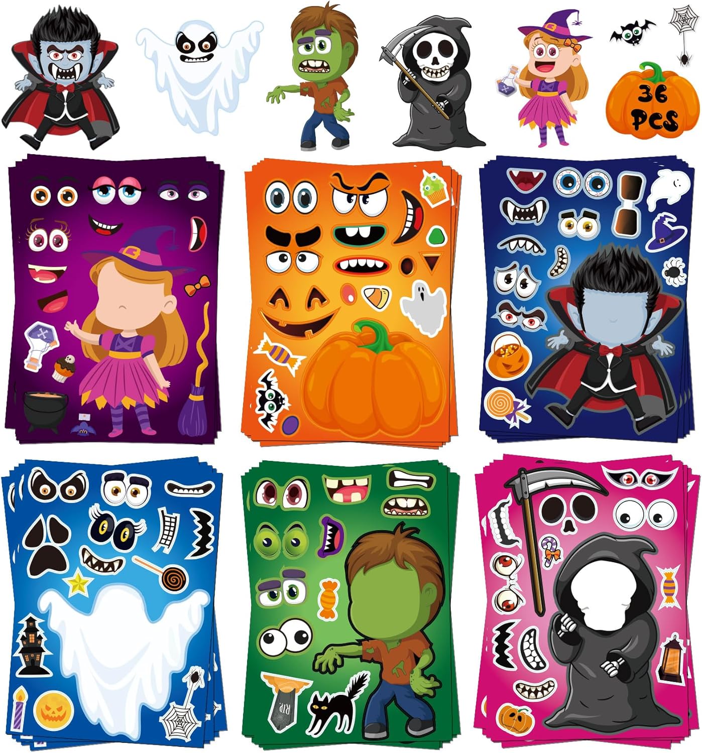 36 Sheets Halloween Stickers for Kids,Halloween Party Favors Stickers,Halloween Craft for Kids Classroom,Halloween Face Stickers for Games Activities Supplies