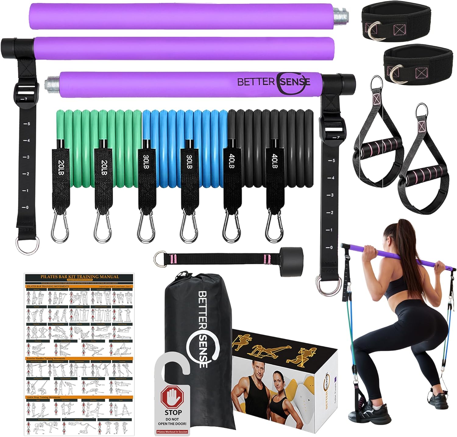 Upgraded Pilates Bar Kit – 39” Adjustable Exercise Equipment for Men, Women with 6X 20, 30, 40 lbs Resistance Bands with Adjustment Buckle – Pilates Equipment for Home Workouts for All Fitness Levels