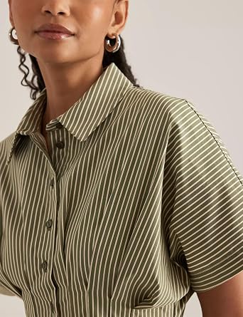 Women’s Button Front Pleated Shirt Maxi Dress Short Sleeve Collar Striped Summer Casual Long Swing Blouse Dress