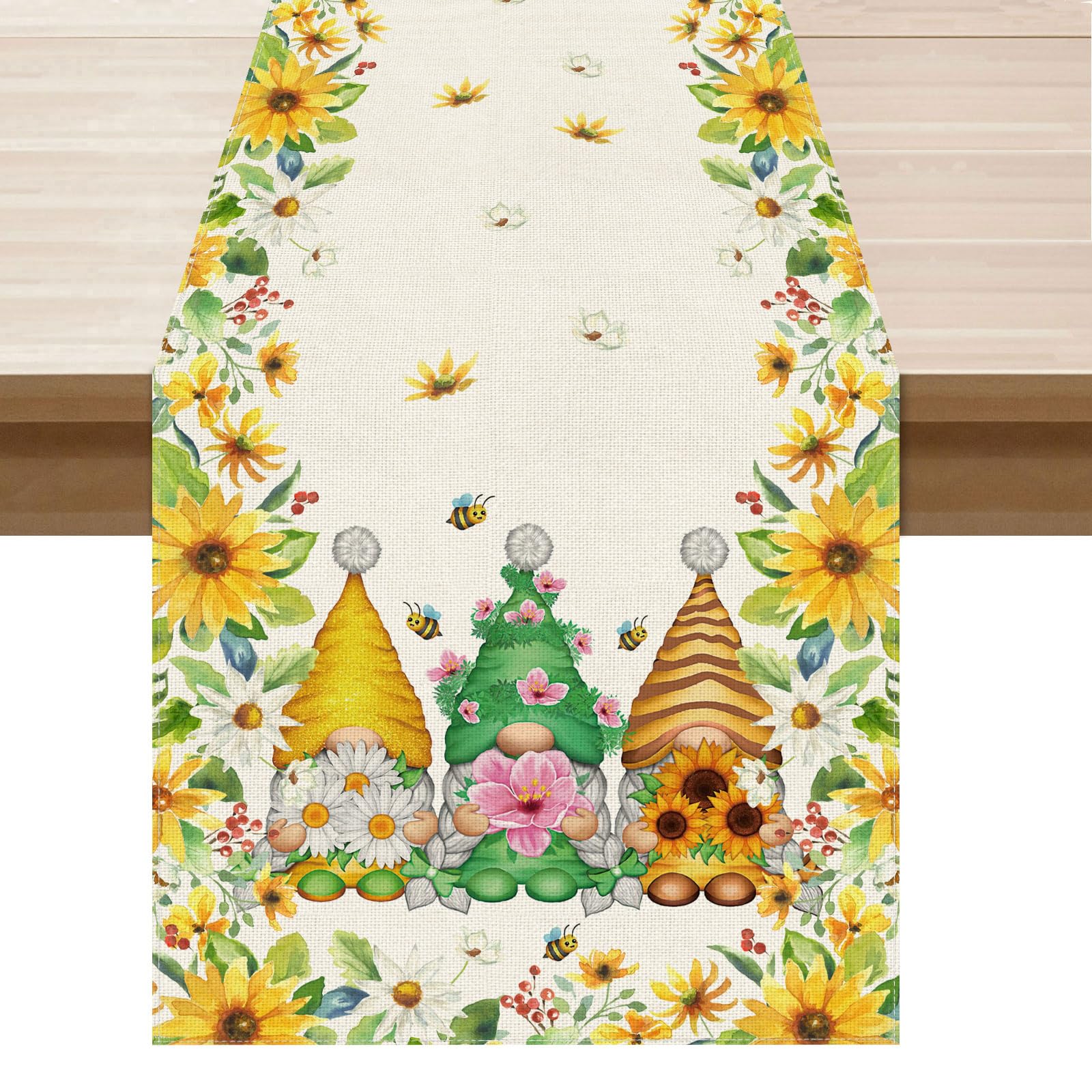 xchi yellow white daisies flowers gnomes spring table runner burlap table decoration for summer seasonal home kitchen dining dinner indoor holiday farmhouse decor 13x72 inch