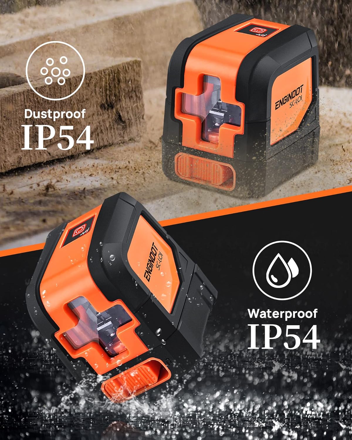 ENGiNDOT SC-L01 Laser Level demonstrating IP54 dustproof and waterproof features