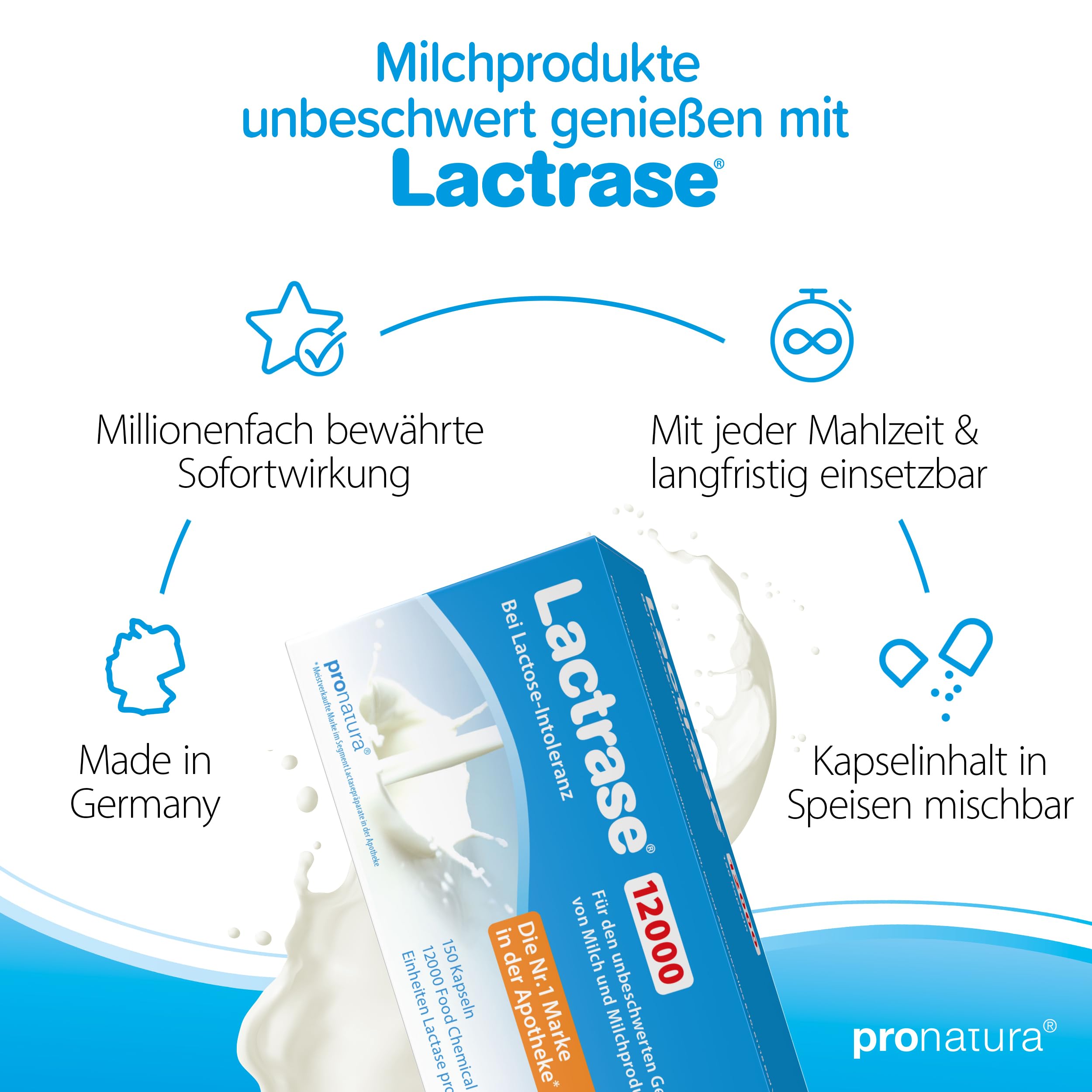 pro natura Lactrase 12000 – 150 Lactase Kapseln bei Lactose-Intoleranz, für den unbeschwerten Genuss von Milch und Milchprodukten