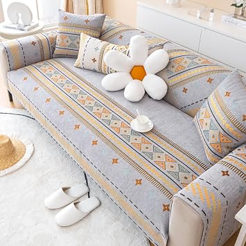 Boho Chenille Anti-Scratch Couch Cover, Geometric Couch Covers for Sofa, Non Slip Striped Couch Slipcover, Sectional L Shaped Sofa Furniture Protector CovSize70x90cm28x35in,ColorGrey