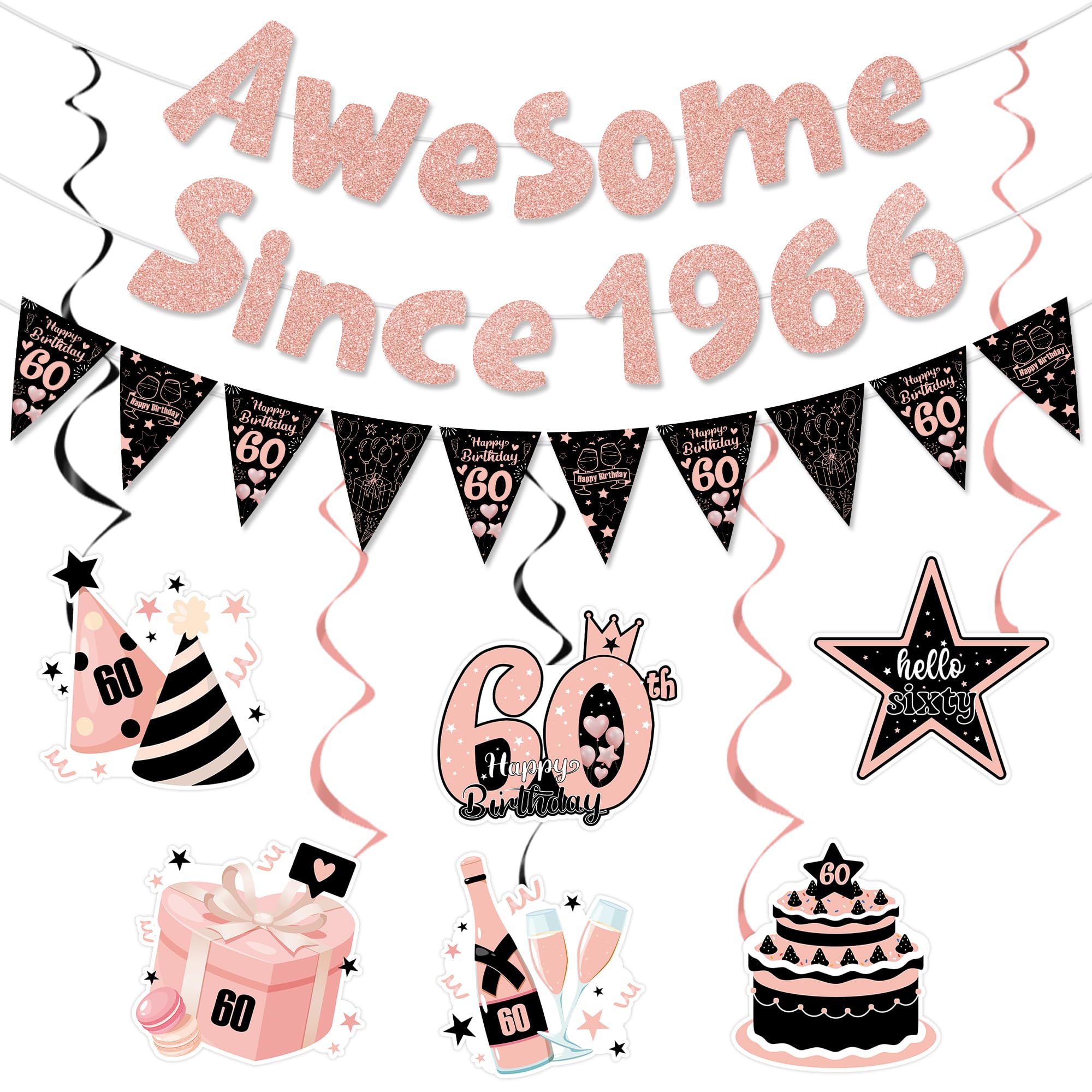 60th Birthday Decorations for Women Black & Pink Party Supplies, Awesome Since 1966 Banner with Hanging Swirls, 60 Birthday Party Supplies for Men Women
