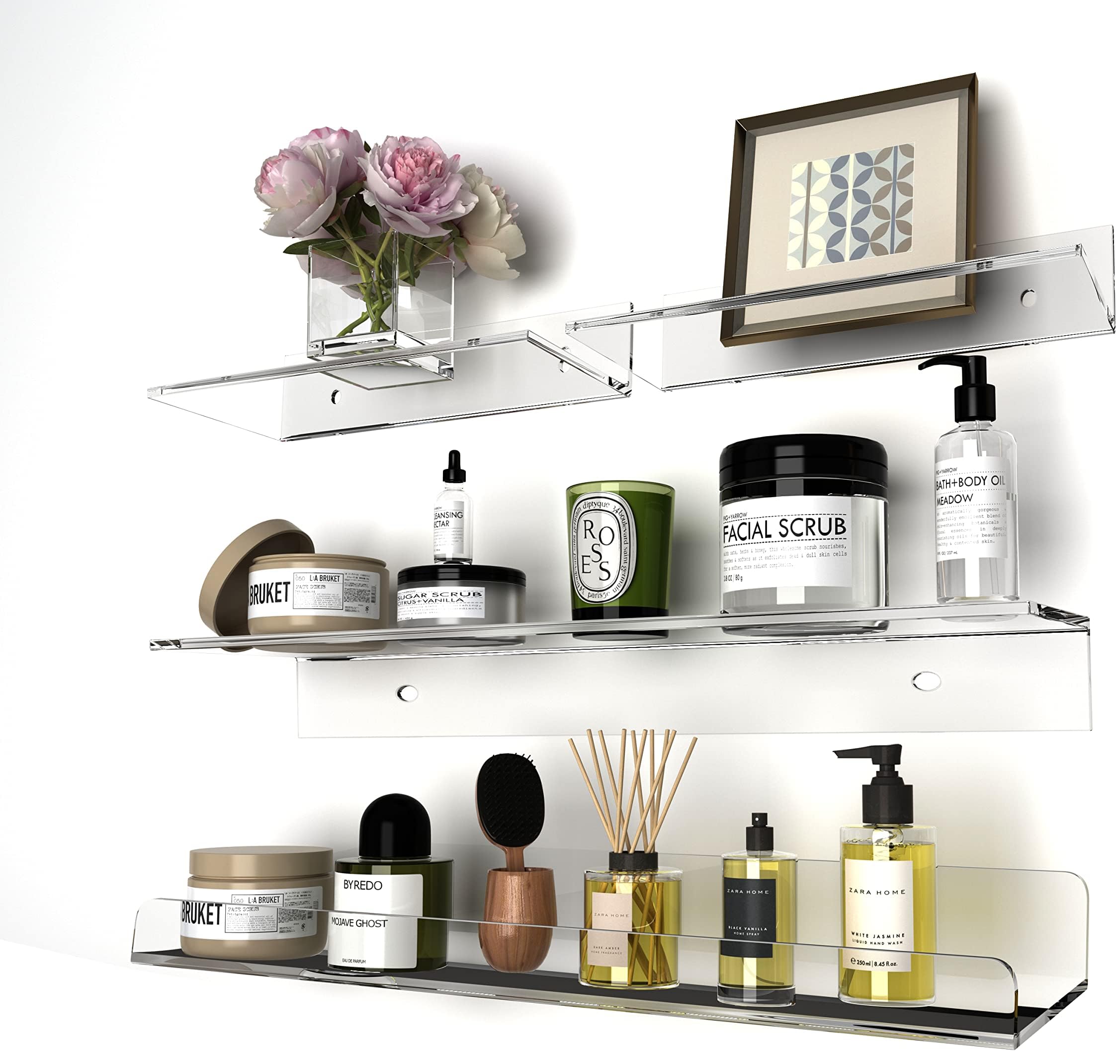 Acrylic Floating Shelves,Bathroom Shower Shelf,No Drill No Damage Wall Mounted,Clear Invisible,Renter Friendly Shelves Can Be Used in Bedroom, Kitchen, Living Room, Bathroom,Office (4 Pack)