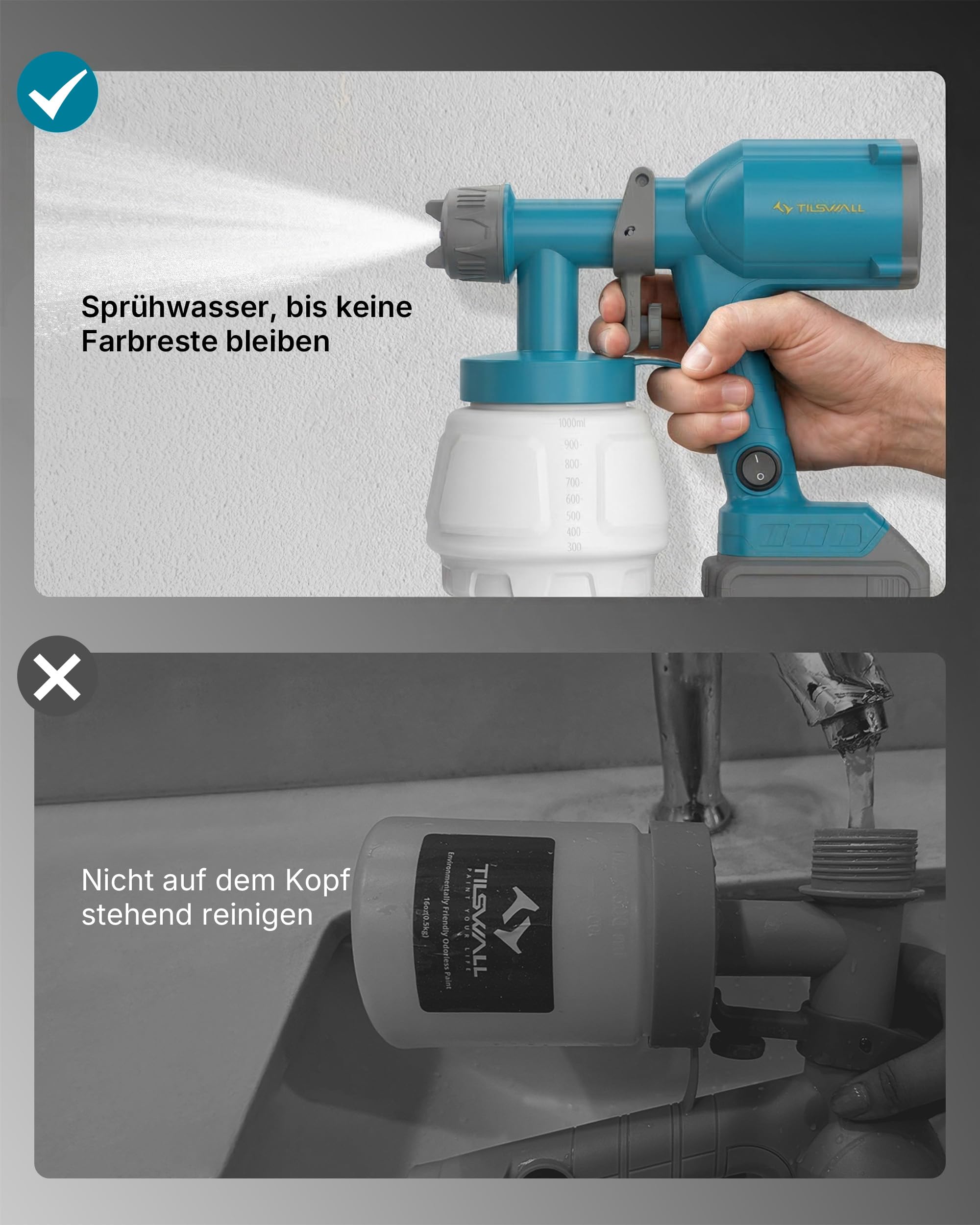 Tilswall Farbsprühsystem Akku, Lackierpistole mit 1000ml Tank, Für Makita & Dewalt 18V Akku (Ohne Akku), Farbsprühgerät 2 Düsen & 3 Sprühmustern, Kabellose Paint Spray Gun Für Wand & Holz
