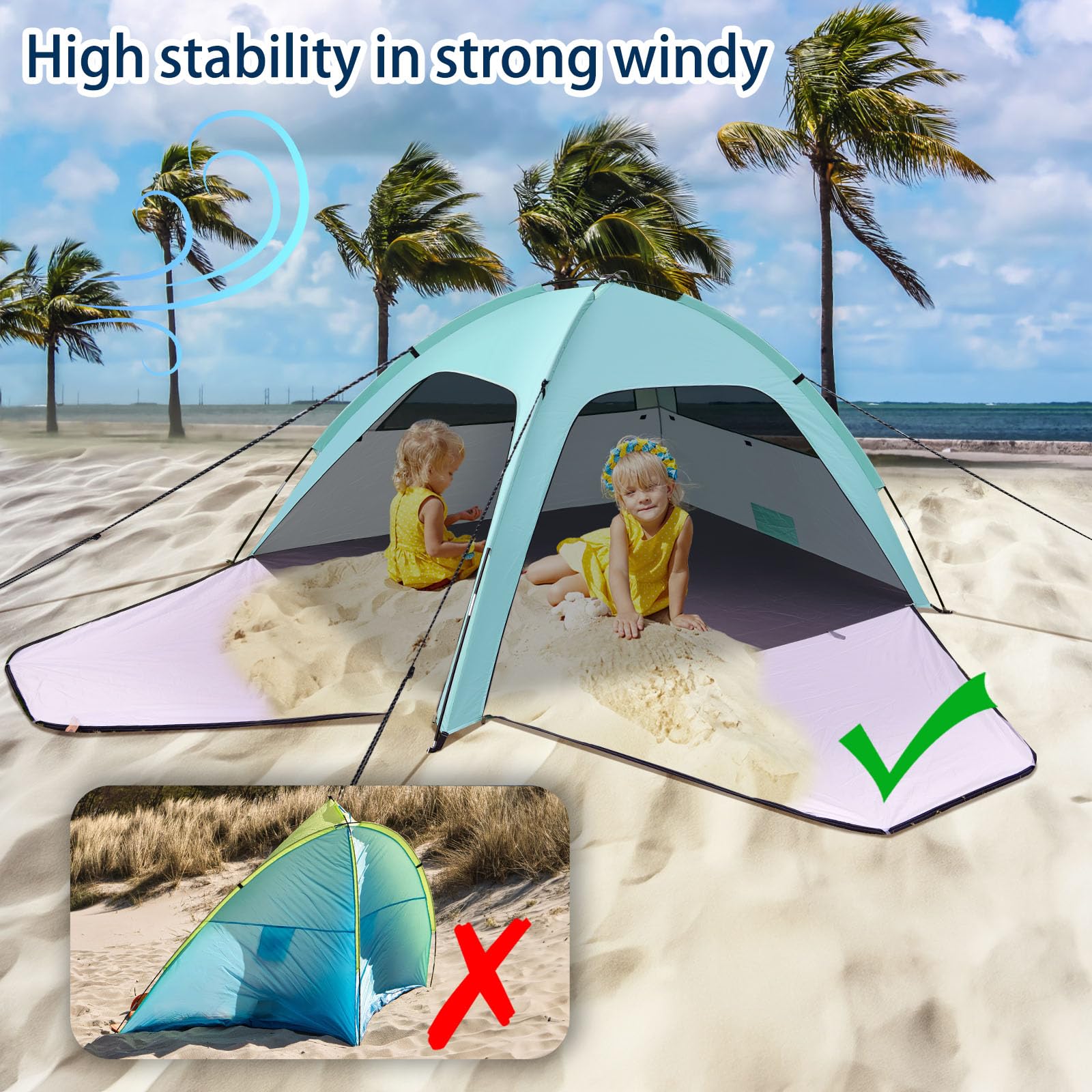 Tienda de Playa para 1-3 Personas, Tienda de Sombra para la Playa Protección UV 80+, Tienda de Campaña con Dos Puertas con Cremallera y Dos Ventanas de Red, Adecuada para Uso Familiar