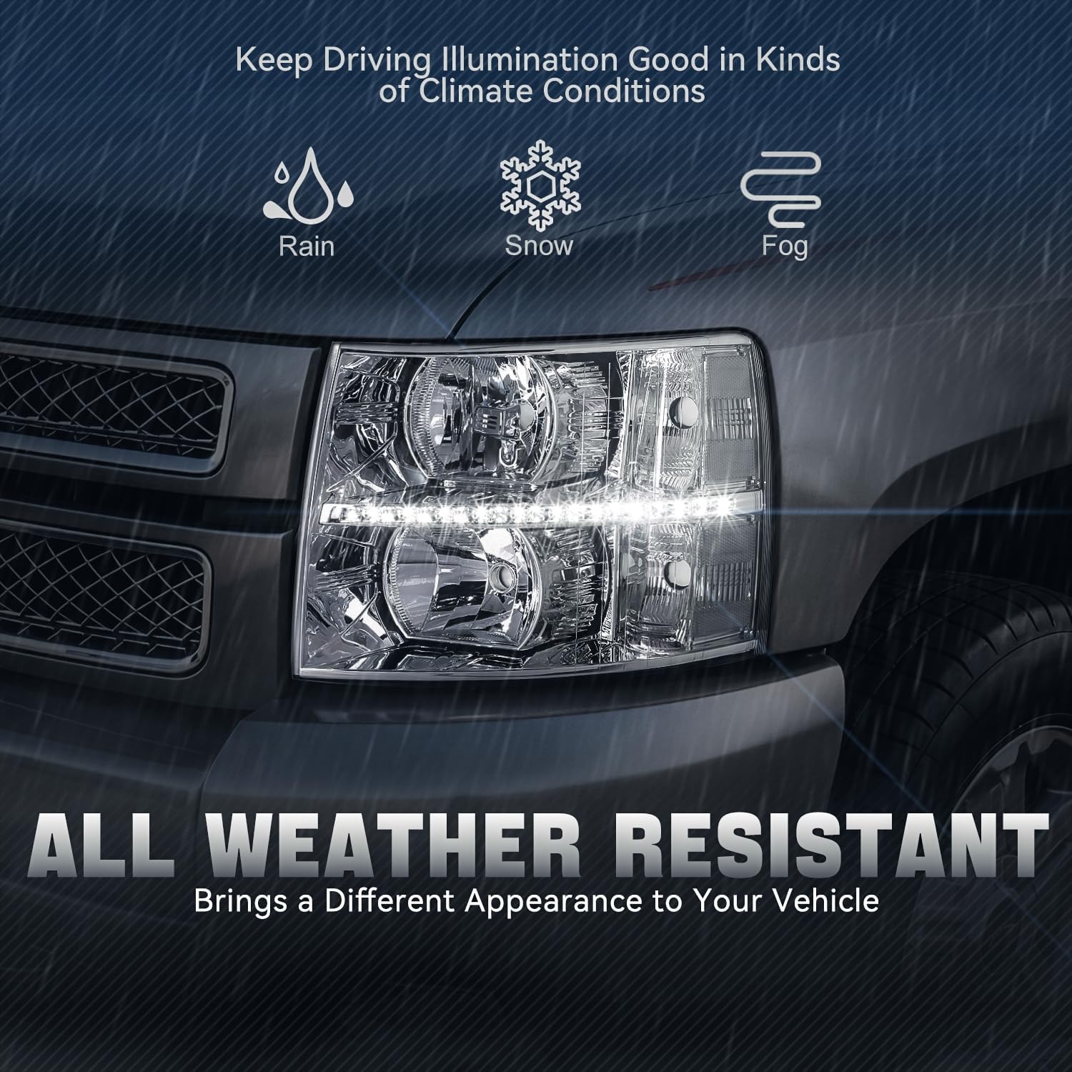 Auto Dynasty LED DRL Headlights Assembly Compatible with 2007-2014 Chevy Silverado 1500 2500 3500 HD, Driver Passenger Side Halogen Headlamps w/LED Running Light Strip, Chrome Housing Clear Corner