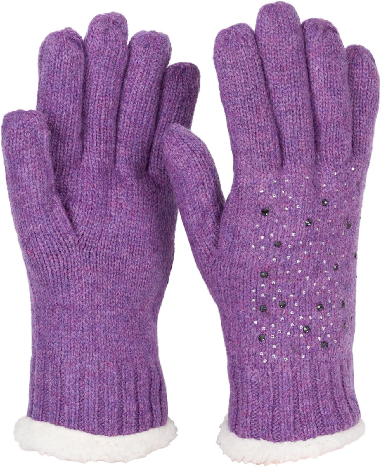 styleBREAKER warm gloves with rhinestone and fleece, winter knitted gloves, ladies 09010010, Colour:Violet