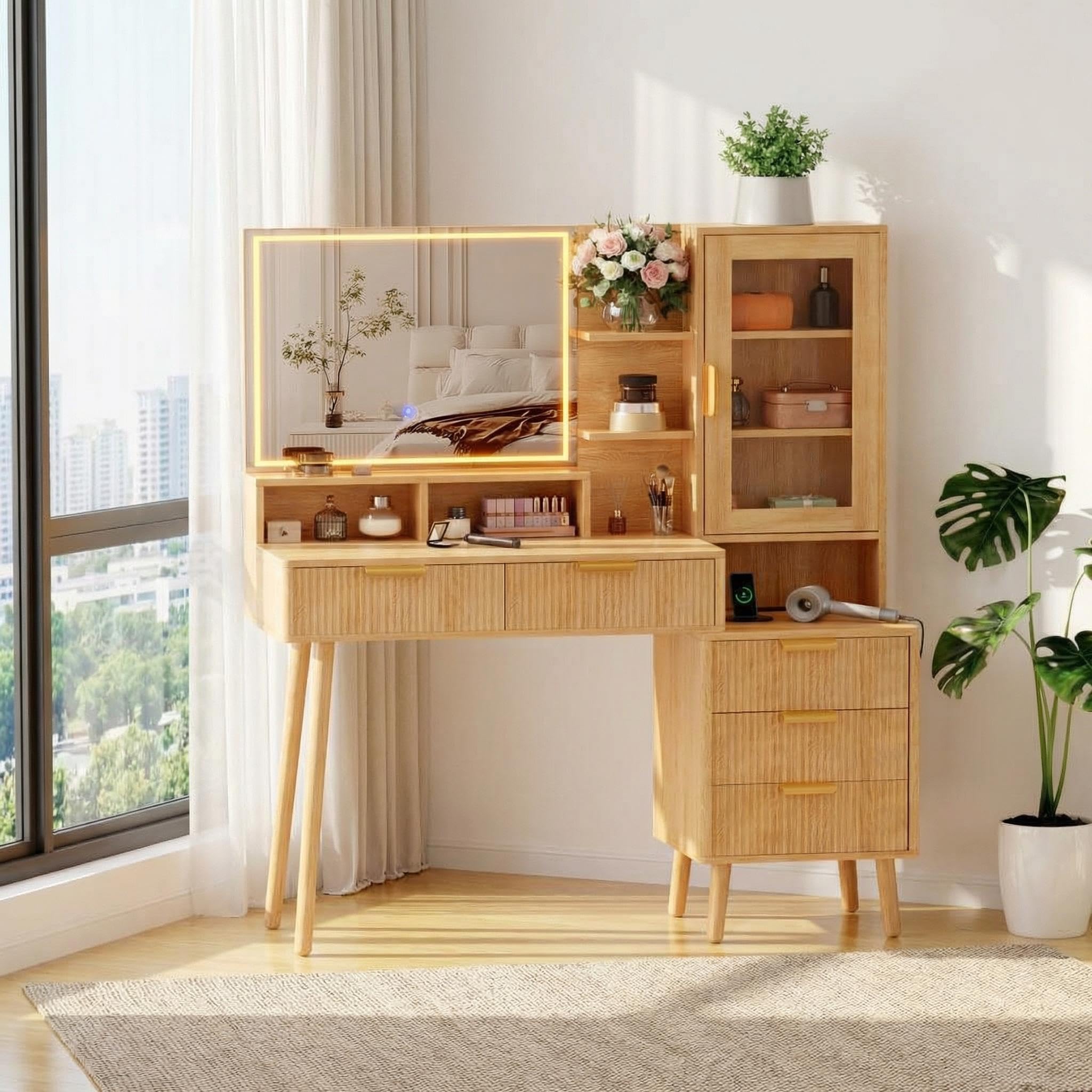 Photo 1 of ***PARTIAL SET - PRICE ADJUSTED***GAOMON Modern Fluted Makeup Vanity Desk with Lights & Power Outlet, 28" HD Lighted Mirror, 7 Drawers & 4 Storage Shelves, Luxury Gold Accent Dressing Table for Women Bedroom