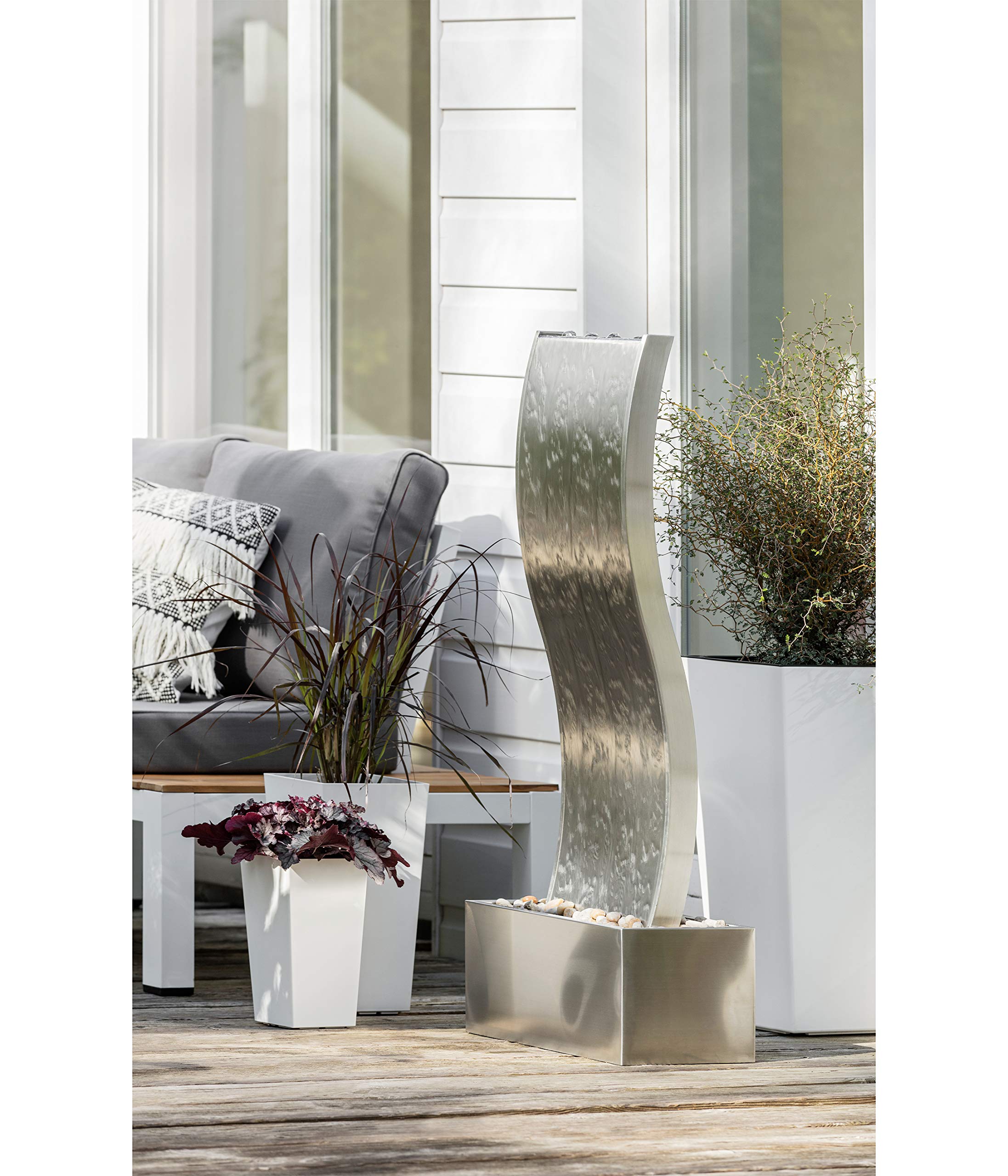 Dehner Curve Fontanna Ogrodowa LED, Srebrny, 108 x 23.5 x 44.5 cm