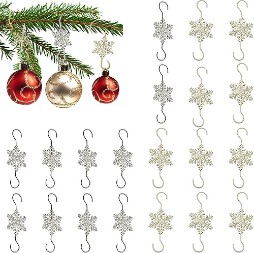 AUOCATTAIL 20 ganchos de adorno de Navidad con forma de copo de nieve, color dorado y plateado, gancho en S, gancho en S, para decoración de