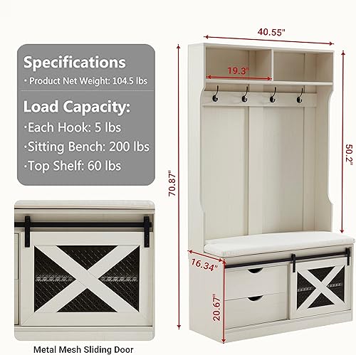 Miniatura 6 de Edwin's Choice Árbol de entrada de 71 pulgadas de alto con perchero y banco de almacenamiento, árbol de madera con taburete acolchado y ganchos para