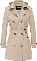 CREATMOUS Women's Double-Breasted Trench Coat with Detachable Hood - Water-Repellent Windproof Slim Fit Overcoat