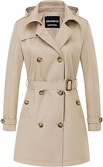 Women's Trench Coat Double-Breasted Classic Lapel Overcoat Belted Slim Outerwear Coat with Detachable Hood