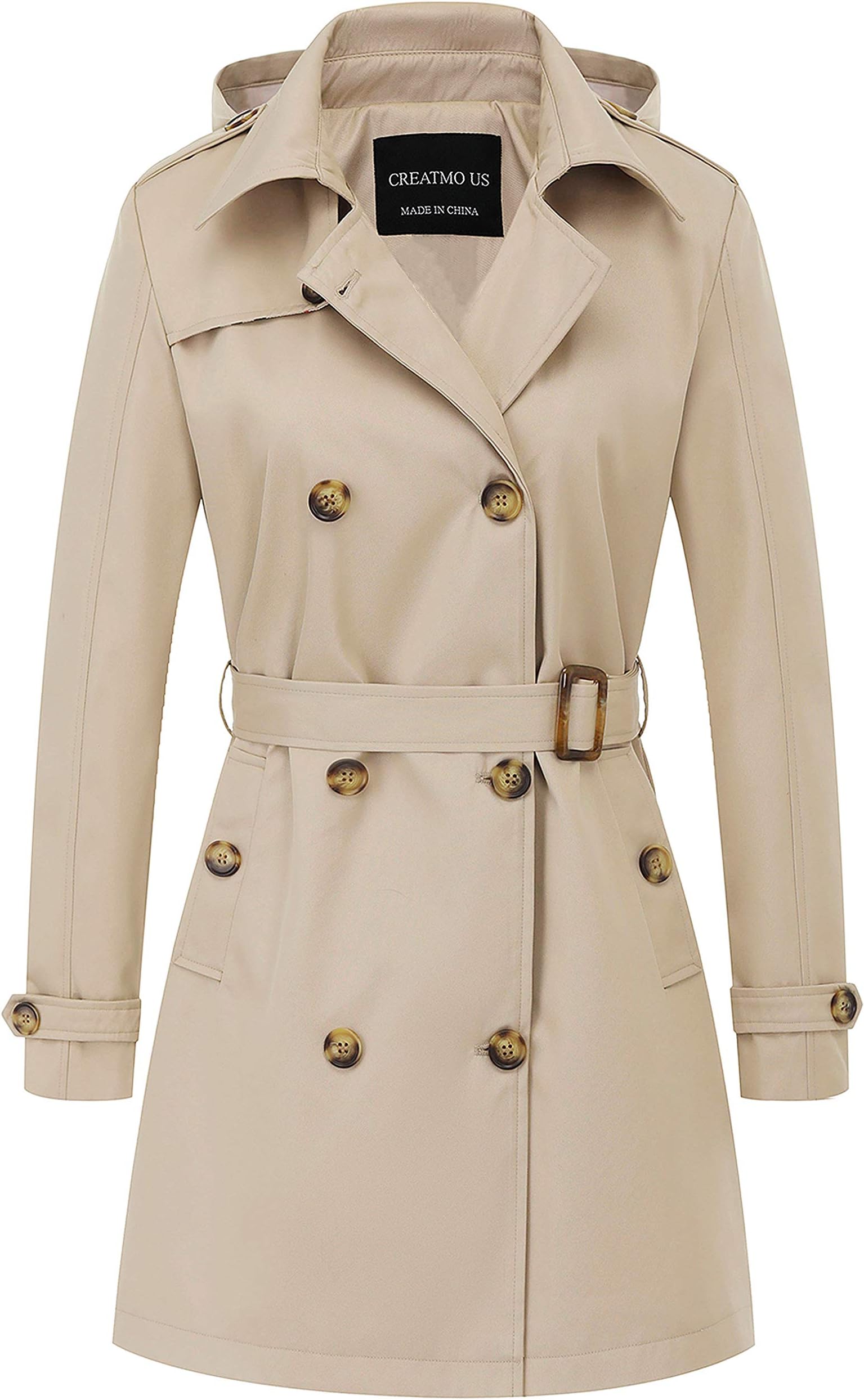 Women's Trench Coat Double-Breasted Classic Lapel Overcoat Belted Slim Outerwear Coat with Detachable Hood