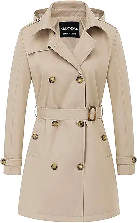 CREATMO US Women's Trench Coat Double-Breasted Classic Lapel Overcoat Belted Slim Outerwear Coat with Detachable Hood