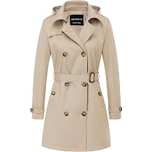 Women's Trench Coat Double-Breasted Classic Lapel Overcoat Belted Slim Outerwear Coat with Detachable Hood