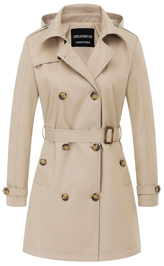 CREATMO US Womens Trench Coat Double-Breasted Classic Lapel Overcoat Belted Slim Outerwear Coat with Detachable Hood