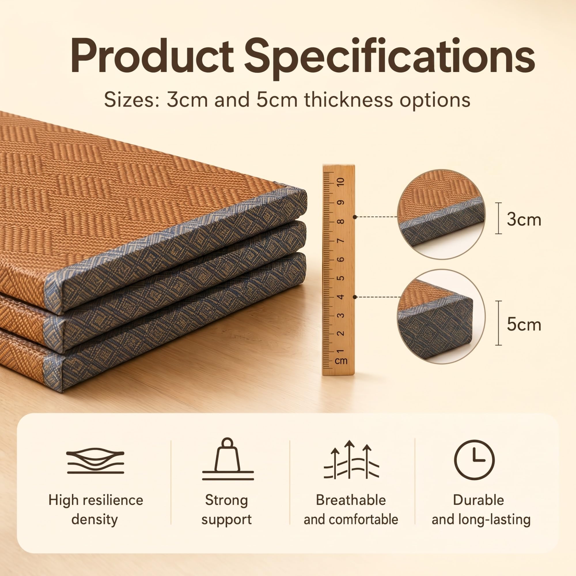 NEPHRA Tatami Pieghevole, Futon Giapponese Antiscivolo & Traspirante, Tatami Giapponese con Fibra di Cocco Naturale, Spessore 3/5 cm Tappetino per Yoga, Meditazione e Zen(100 x 200 x 3 cm)